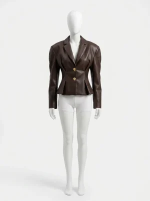 Blazer cuir femme cintré épaulettes bouffantes chic - Vue 1 - Blazer cuir