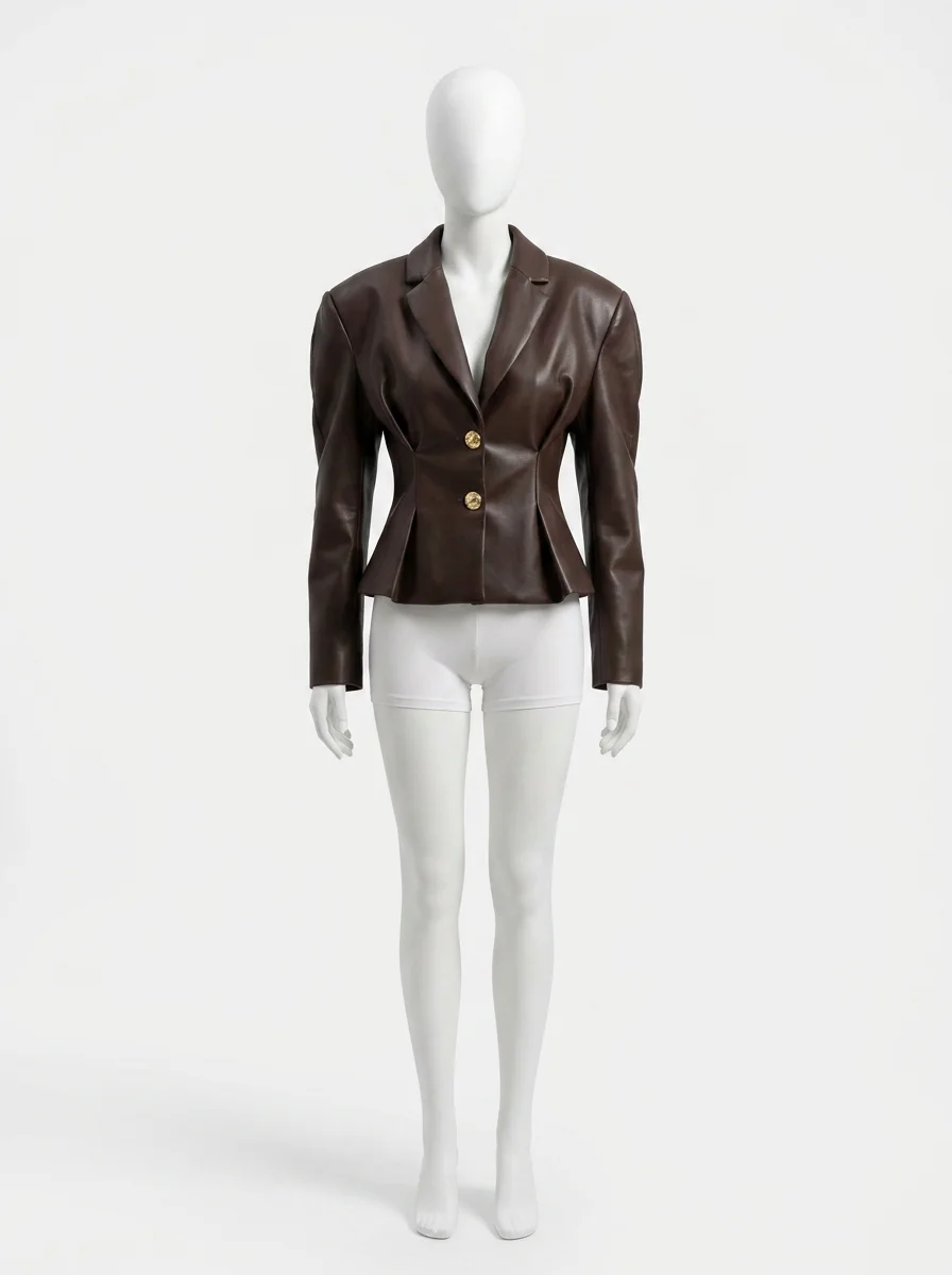 Blazer cuir femme cintré épaulettes bouffantes chic - Vue 1 - Blazer cuir