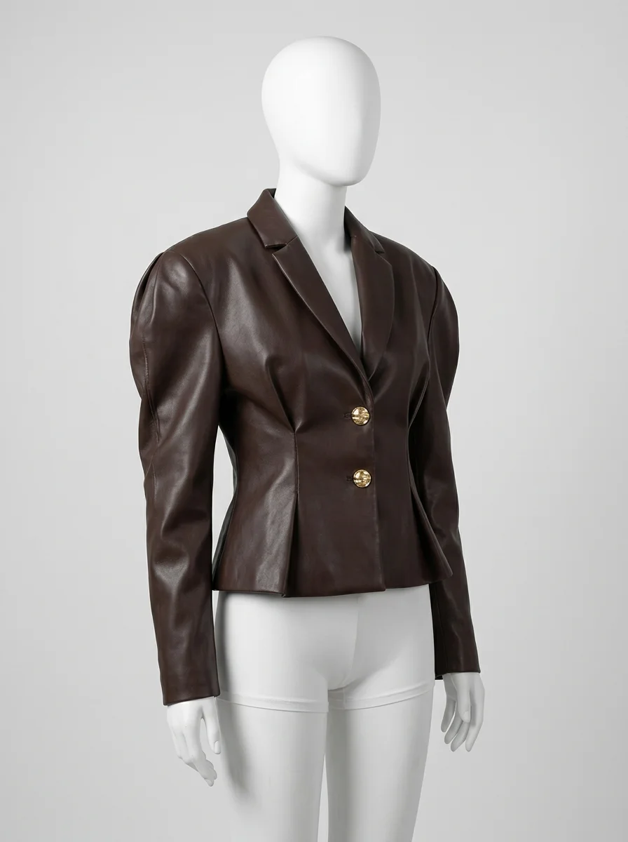 Blazer cuir femme cintré épaulettes bouffantes chic - Vue 3 - Blazer cuir