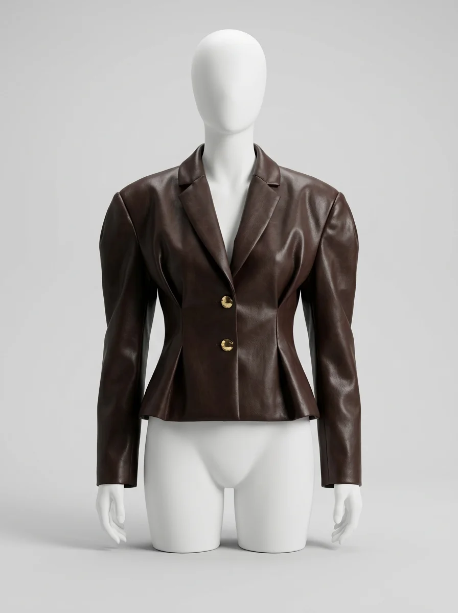 Blazer cuir femme cintré épaulettes bouffantes chic - Vue 8 - Blazer cuir