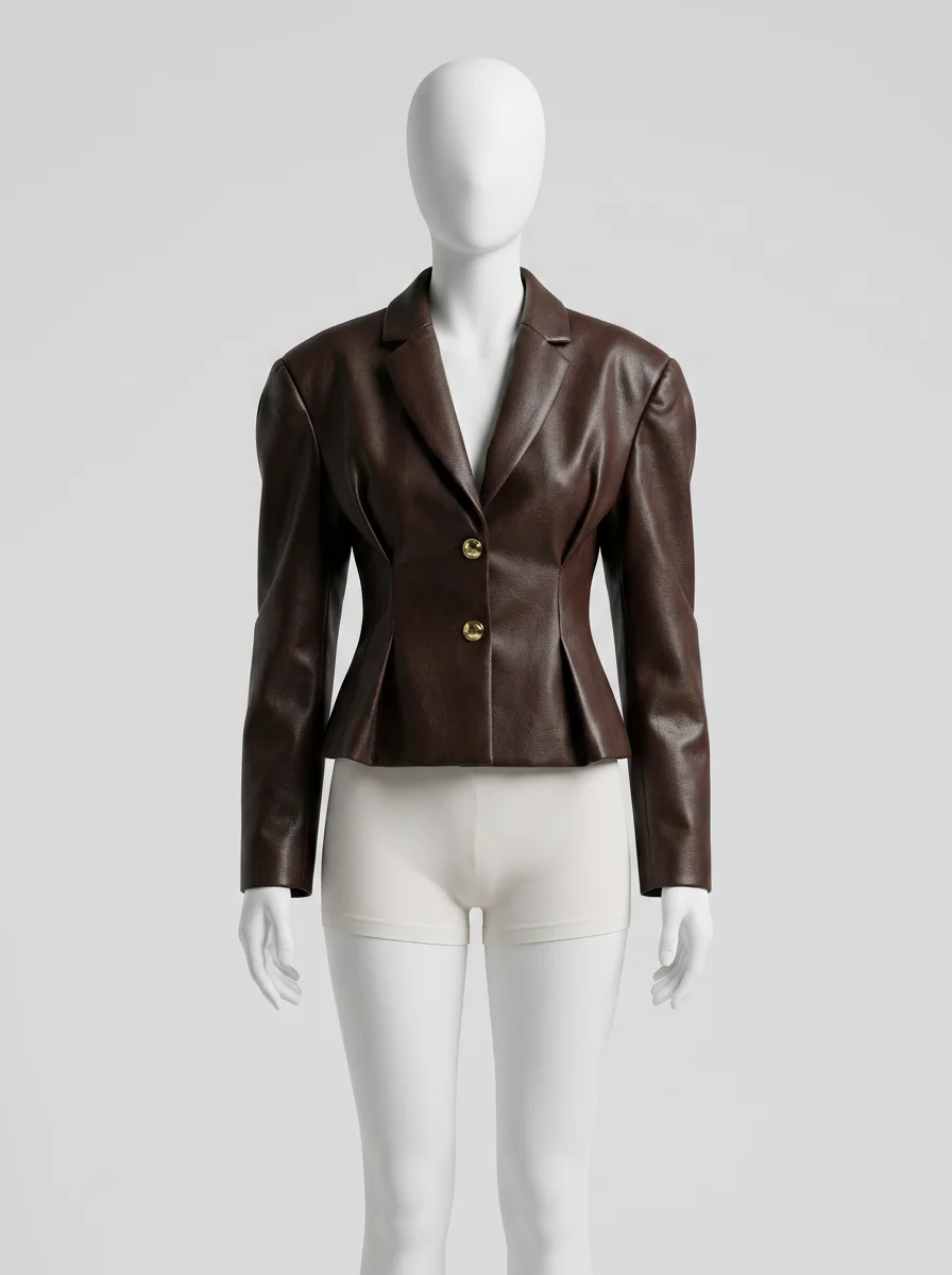 Blazer cuir femme cintré épaulettes bouffantes chic - Vue 9 - Blazer cuir