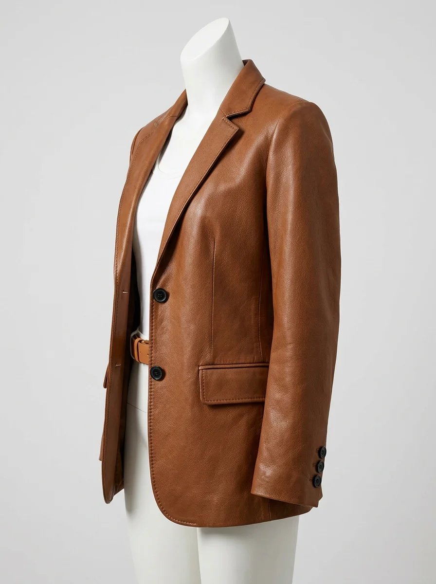 Blazer cuir mouton véritable slim-fit business vintage femme - Vue 4 - Blazer cuir