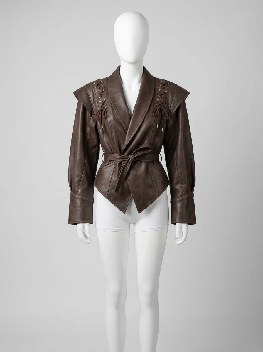 Blazer cuir simili femme coupe irrégulière laçage streetwear - Vue 1 - Blazer cuir