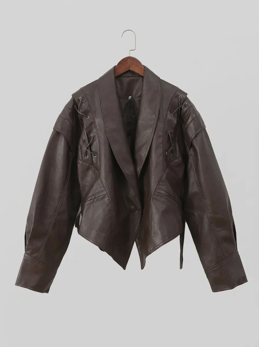 Blazer cuir simili femme coupe irrégulière laçage streetwear - Vue 13 - Blazer cuir