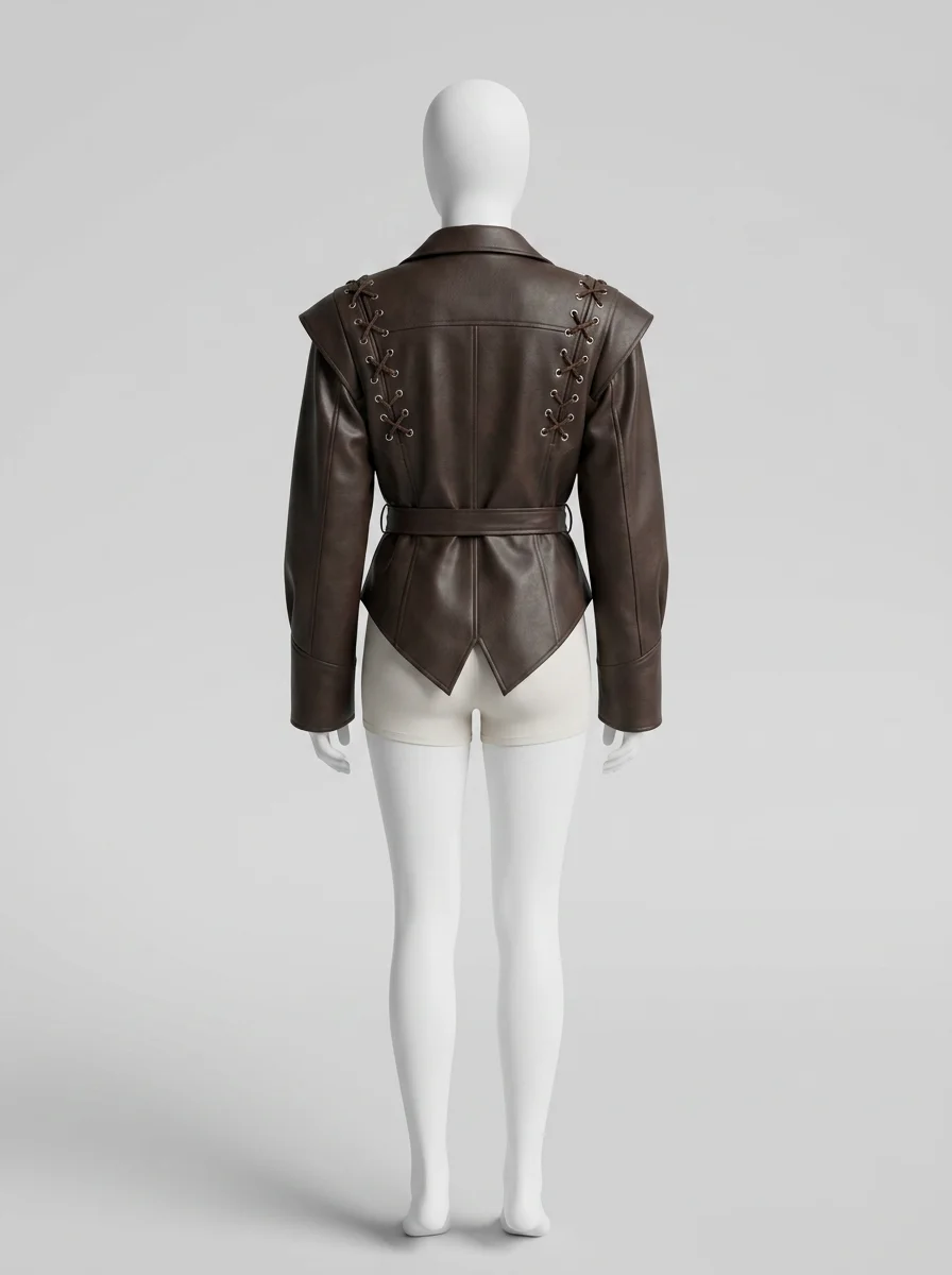 Blazer cuir simili femme coupe irrégulière laçage streetwear - Vue 2 - Blazer cuir